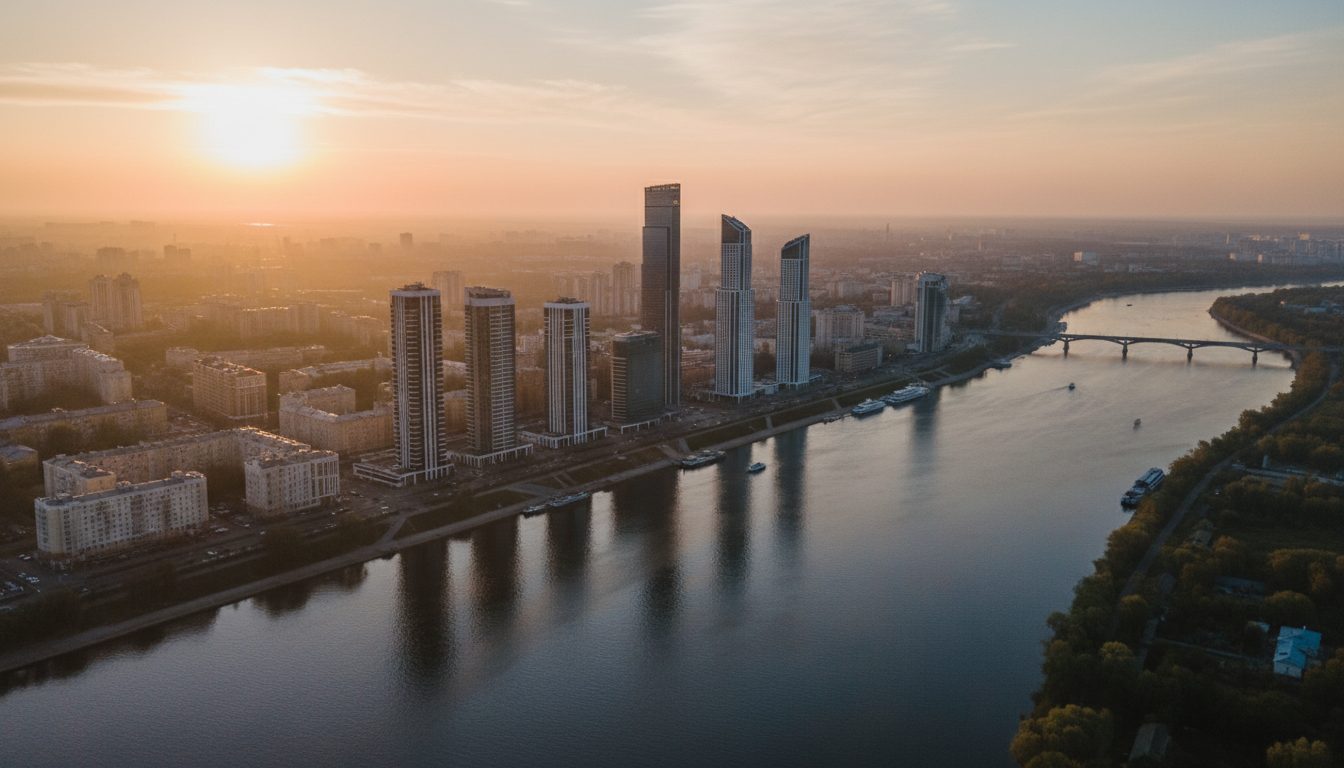 Панорама Перми на закате вдоль реки Камы — город, в котором Елена помогает с недвижимостью
